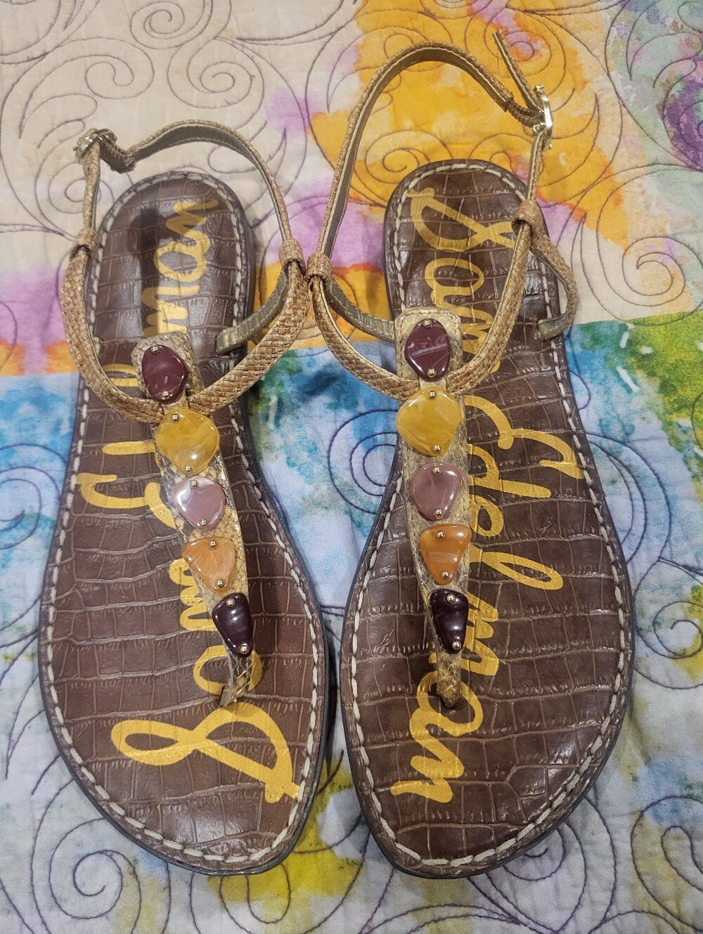Sam Edelman Gold Braided T-Strap Sandals with Multicolor Gem Accents, Size 8